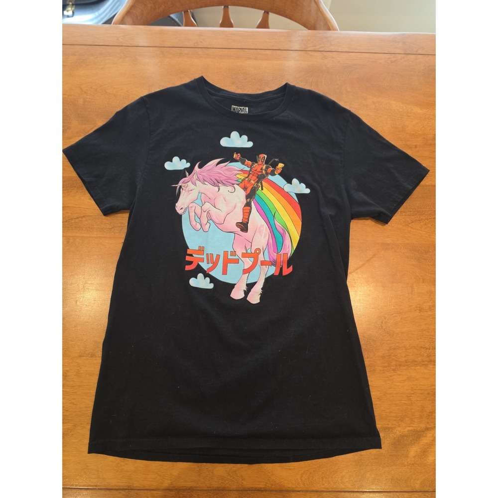 Marvel Deadpool Riding Unicorn Shirt Size M Black Rainbow Cotton Short Sleeve